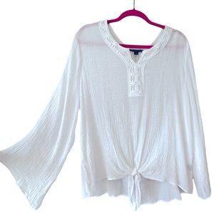 Zac & Rachel 3X Boho Bell Sleeve Tie-Front Top - Airy White Crochet Accent 3X